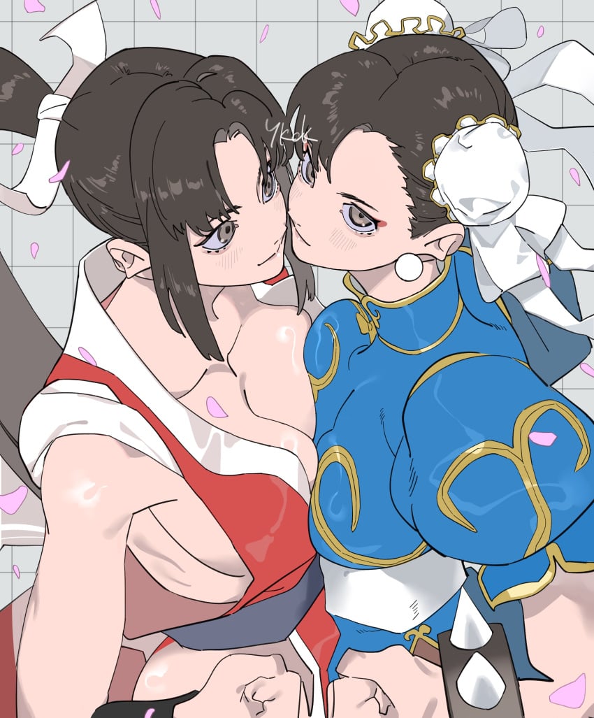 2girls absurdres akiman_pose bracelet breast_press breasts brown_eyes brown_hair bun_cover capcom catfight check_commentary china_dress chinese_clothes chun-li cleavage commentary_request crossover double_bun dress earrings fatal_fury from_above hair_bun high_ponytail highres japanese_clothes jewelry large_breasts long_hair mai_shiranui multiple_girls pantyhose petals pink_petals ponytail pretty-purin720 revealing_clothes shiranui_mai short_hair sideboob signature snk spiked_bracelet spikes staredown street_fighter the_king_of_fighters wrestling yuri