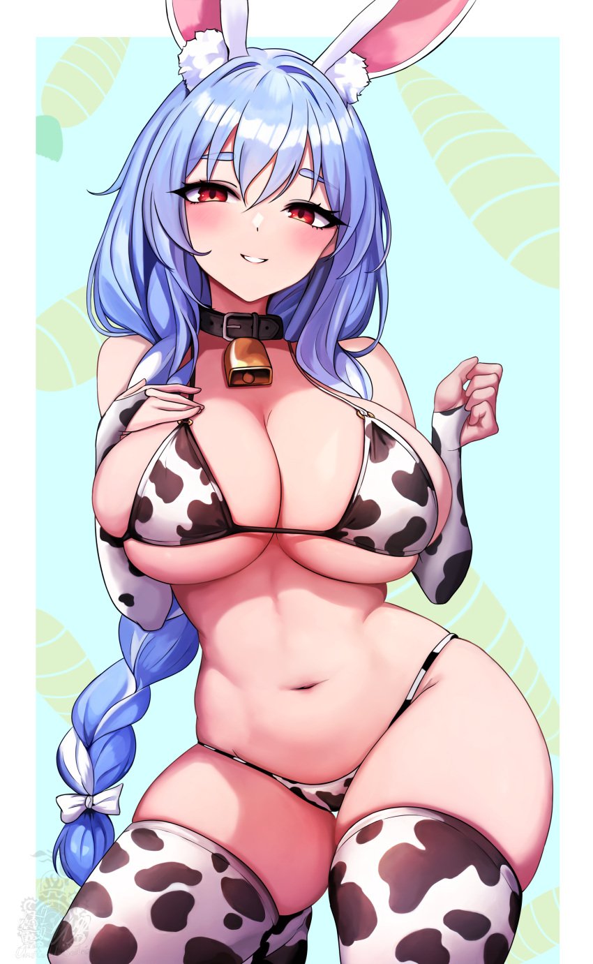 1girls absurdres animal_ear_fluff animal_ears animal_print bare_shoulders bell bikini blush bow braid breasts bridal_gauntlets bunny_ears bunny_girl cleavage collar cow_print cow_print_bikini cowbell curvy female highres hololive large_breasts long_hair looking_at_viewer milf navel open_mouth pekomama print_bikini red_eyes simple_background single_braid skindentation smile solo stomach swimsuit thick_eyebrows thick_thighs thigh_gap underboob unstableboiler very_long_hair virtual_youtuber wide_hips