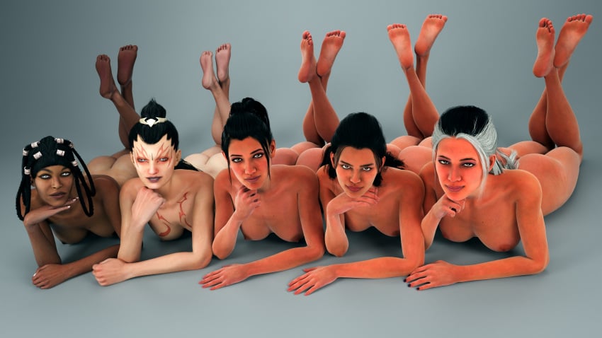 5girls ashrah feet feet_up female_only kitana li_mei mortal_kombat multiple_girls nsfw nude nude_female sindel soles tanya_(mortal_kombat) tracerfsl