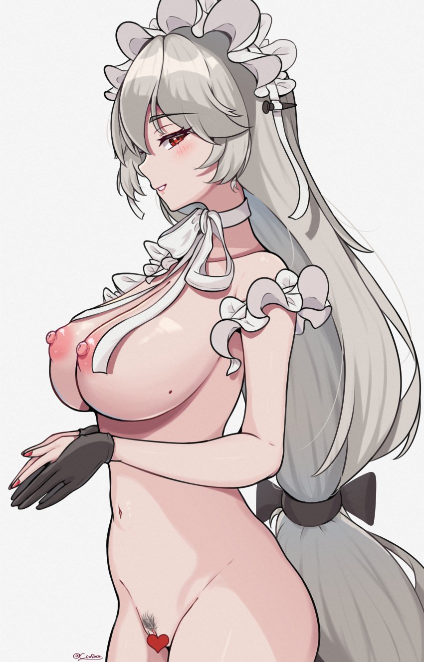 absurdres alexandrina_sebastiane black_gloves breasts censored choker coubalty female female_pubic_hair gloves grey_background grey_hair heart heart_censor highres large_breasts long_hair looking_at_viewer low-tied_long_hair mole mole_on_breast nipples partially_fingerless_gloves pubic_hair red_eyes ribbon simple_background smile solo very_long_hair victoria_housekeeping white_choker white_ribbon zenless_zone_zero