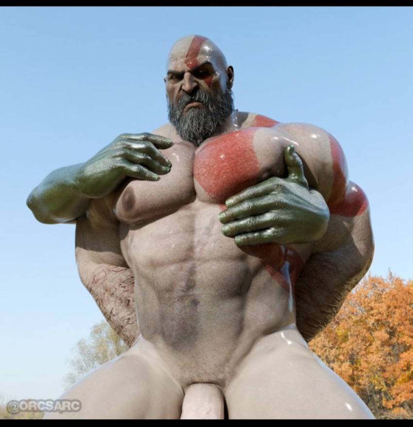 angry_face bald_man bara beard boob_grab god_of_war grabbing_breasts grabbing_pecs kratos male/male male_only manboobs mantits massive_pecs orc orc_dom orc_male orcsarc pec_grab pecjob pectorals