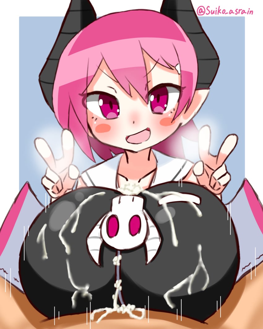 big_breasts breasts clothed_female_nude_male clothed_paizuri completely_nude completely_nude_male cum demon_girl demon_horns disgaea disgaea_3 gigantic_breasts huge_breasts large_breasts nippon_ichi_software paizuri paizuri_under_clothes raspberyl short_stack shortstack suiko_asrain