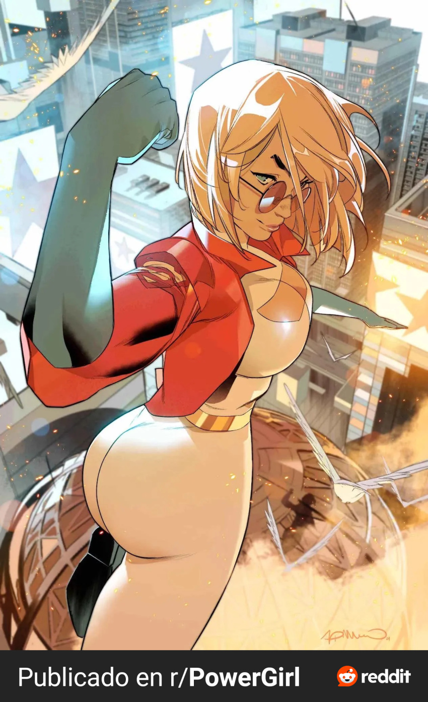 alien alien_girl alien_humanoid ass big_ass big_breasts big_butt blonde_hair blue_eyes boob_window boobs_and_butt_pose brown-tinted_eyewear cleavage dc dc_comics karen_starr looking_over_eyewear looking_over_sunglasses official_art power_girl simone_de_meo(artist) sunglasses superheroine superman_(series) tinted_eyewear