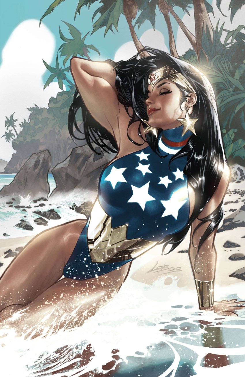 2d 2d_(artwork) amazon amazonian beach big_breasts black_hair dc dc_comics diana_prince earrings edit edited hair_on_shoulder hi_res highres hourglass_figure light_brown_skin muscle official_art poster seaside solo swimsuit tagme thick_thighs thighs wonder_woman wonder_woman_(series)