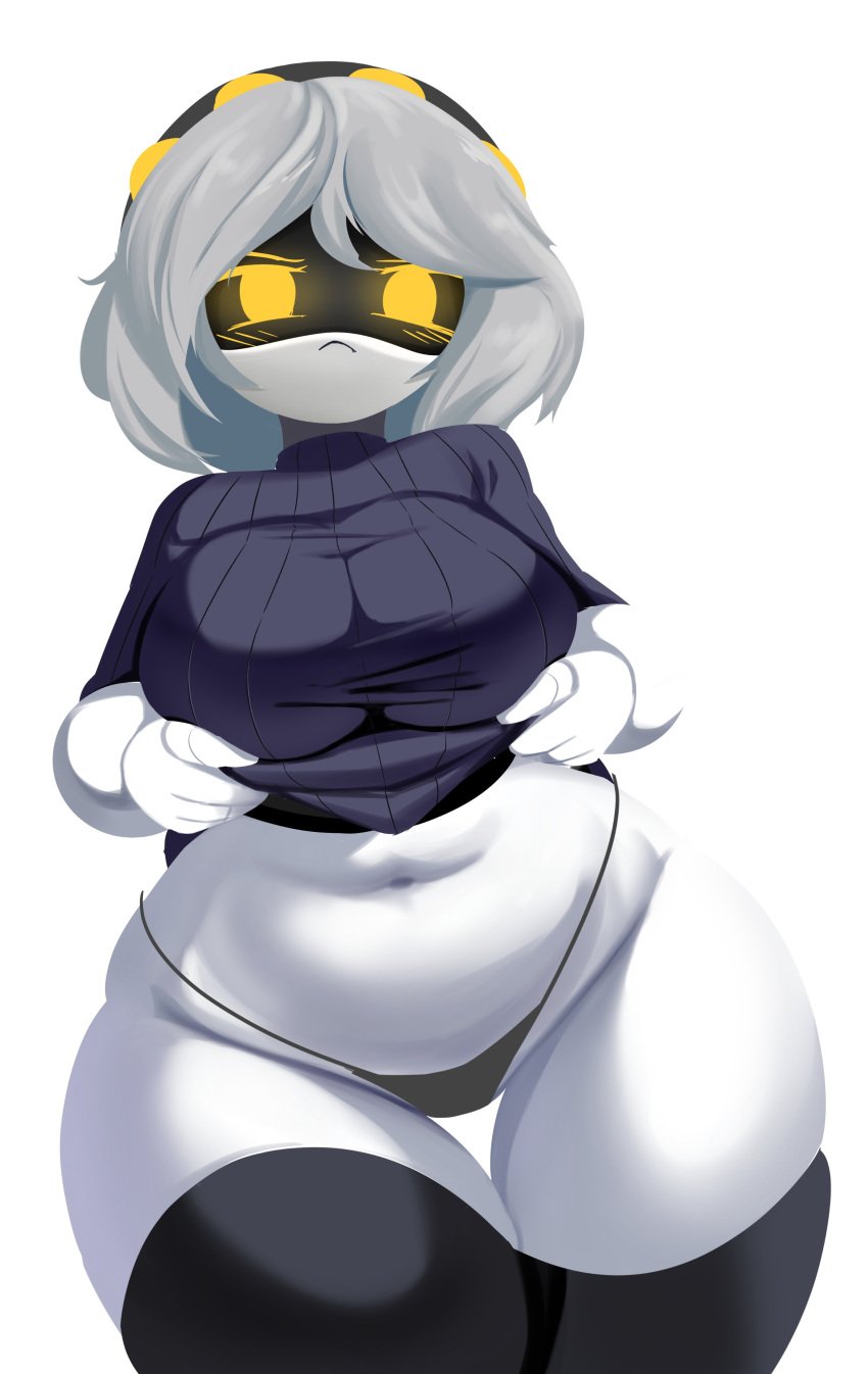 alaki_zezo ass big_ass big_breasts big_thighs blush breasts child_bearing_hips drone female female_only gigantic_ass gigantic_thighs glitch_productions huge_ass huge_thighs murder_drones panties robot robot_girl short_hair silver_hair solo sweater tagme thick_hips thick_thighs thighs v_(murder_drones) white_body yellow_eyes