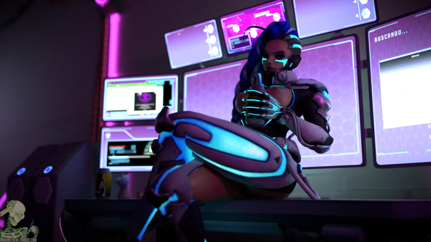 1girls 3d blender breasts cyberspace_sombra exposed_breasts female mrbonessfm overwatch overwatch_2 relaxing revealing_clothes solo sombra