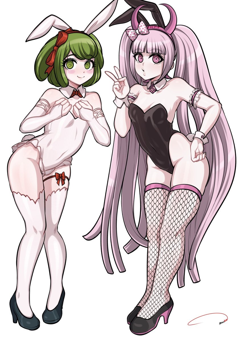 2girls aldharoku armband bare_shoulders blush bow bunny_ears bunny_tail bunnysuit danganronpa danganronpa_ultra_despair_girls diadem elbow_gloves female female_only fishnet_legwear fishnet_stockings fishnets gloves green_eyes green_hair hairbow hand_on_hip heels legwear long_hair peace_sign pink_eyes pink_hair short_hair stockings thighhighs towa_monaca twintails utsugi_kotoko white_legwear