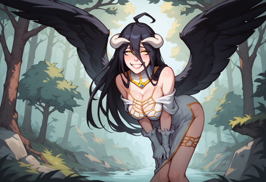 1girls ahoge ai_generated albedo_(overlord) anaslex bent_over cleavage dress eyes_crossed horns knees_together_feet_apart leaning_forward overlord_(maruyama) smile solo succubus wings yellow_eyes