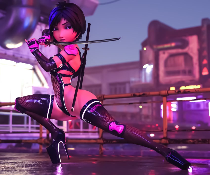 1girls 3d 3d_(artwork) 3d_render big_hero_6 bludergat99 female female_only gogo_tomago high_heels highres katana looking_at_viewer marvel marvel_comics solo solo_female