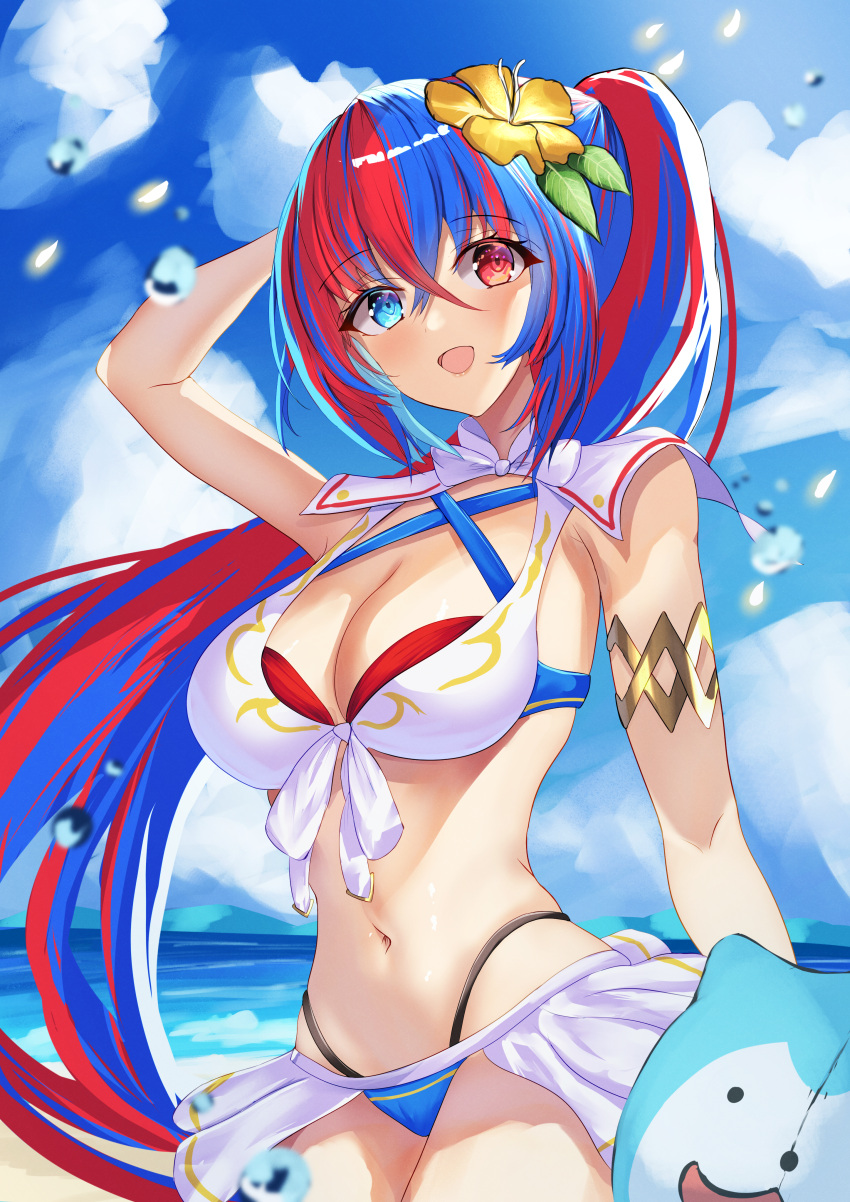 1girls absurdres alear_(female)_(fire_emblem) alear_(female)_(seaside_dragon)_(fire_emblem) alear_(fire_emblem) alternate_costume alternate_hairstyle arerex arm_behind_head beach bikini blue_bikini blue_eyes blue_hair blue_sky blue_swimsuit breasts character_ball cleavage cloud cloudy_sky criss-cross_halter crossed_bangs female female female_only fire_emblem fire_emblem_engage fire_emblem_heroes flower gold_armlet hair_flower hair_ornament halterneck heterochromia high_ponytail highres large_breasts long_hair multicolored_bikini multicolored_clothes multicolored_hair multicolored_swimsuit nintendo ocean official_alternate_costume official_alternate_hairstyle open_mouth ponytail red_bikini red_eyes red_hair red_swimsuit sand sky solo sommie_(fire_emblem) split-color_hair swimsuit two-tone_hair very_long_hair white_bikini white_swimsuit yellow_flower