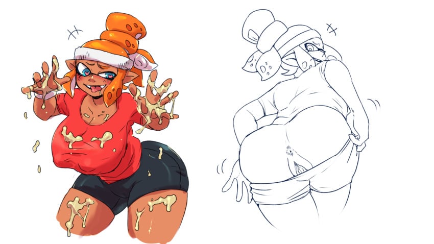 anus ass big_ass big_breasts bike_shorts breasts cum cum_everywhere dressing heart-shaped_pupils inkling inkling_girl notsafeforfruit shorts splatoon tongue