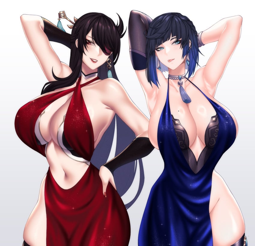 2girls armpit beidou_(genshin_impact) big_breasts black_hair blue_hair cero_rains dress eyepatch genshin_impact tagme yelan_(genshin_impact)