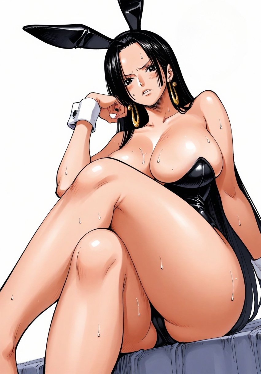 ai_generated alluring big_breasts black_eyes black_hair blush boa_hancock breasts bunny_ears bunnysuit cameltoe color colored earring earrings female female_only highres long_hair long_legs looking_at_viewer one_leg_up one_piece playboy_bunny sagging_breasts seducing seduction seductive seductive_body seductive_eyes seductive_gaze seductive_look seductive_mouth seductive_pose shiny_hair shiny_skin shorts snake_earrings sweat sweatdrop sweating sweaty sweaty_body sweaty_legs tagme voluptuous voluptuous_female wet_clothing yashin