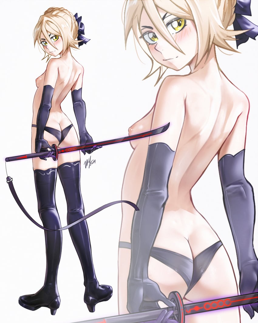 1girls alternate_version_available artoria_pendragon_(alter) blonde_hair elbow_gloves female female_only katana light-skinned_female light_skin petite sideboob small_breasts solo sword thigh_boots thighhigh_boots thong topless waligner weapon yellow_eyes