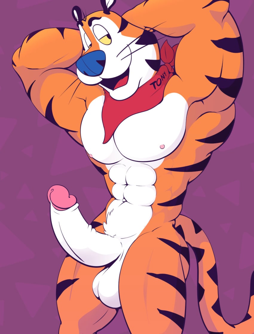 balls_out big_boner big_penis big_penis_out black_stripes cereal_mascot credit_to_heddy furry furry_only hands_behind_neck heddy horny_boy muscular muscular_furry orange_fur tail tiger tony tony_the_tiger