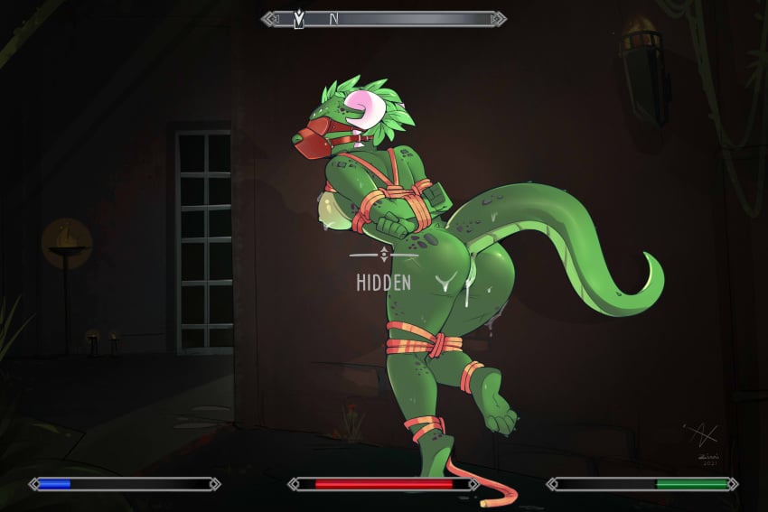 argonian barefoot blindfold bondage captured cum cum_in_ass cum_in_pussy cum_inside cum_on_breasts daree-ja_(zinnick) dungeon escape feet female gag green_hair green_scales horns prison prisoner red_blindfold rope rope_bondage scalie skyrim slave soles tail the_elder_scrolls toes zinnick zinnikitty