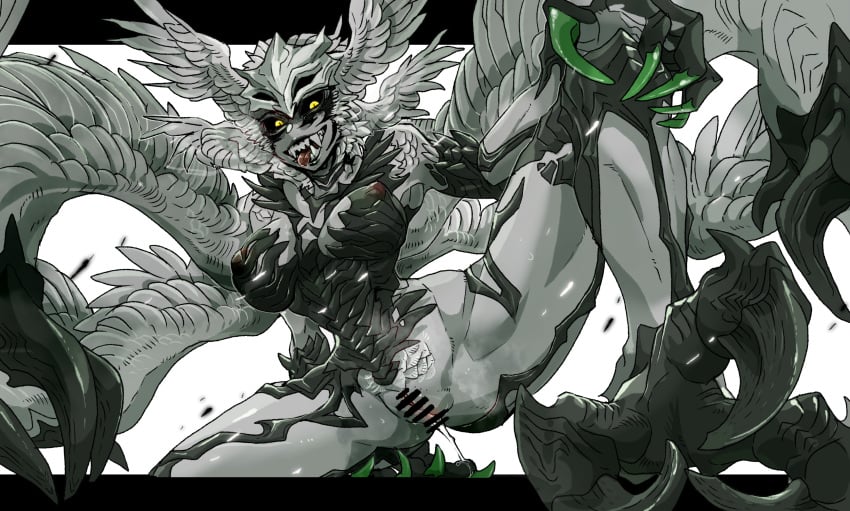 absurd_res black_sclera censored claws fangs female final_fantasy_xvi garuda genitals head_wings hi_res kudagitsune_(artist) pussy solo teeth wings