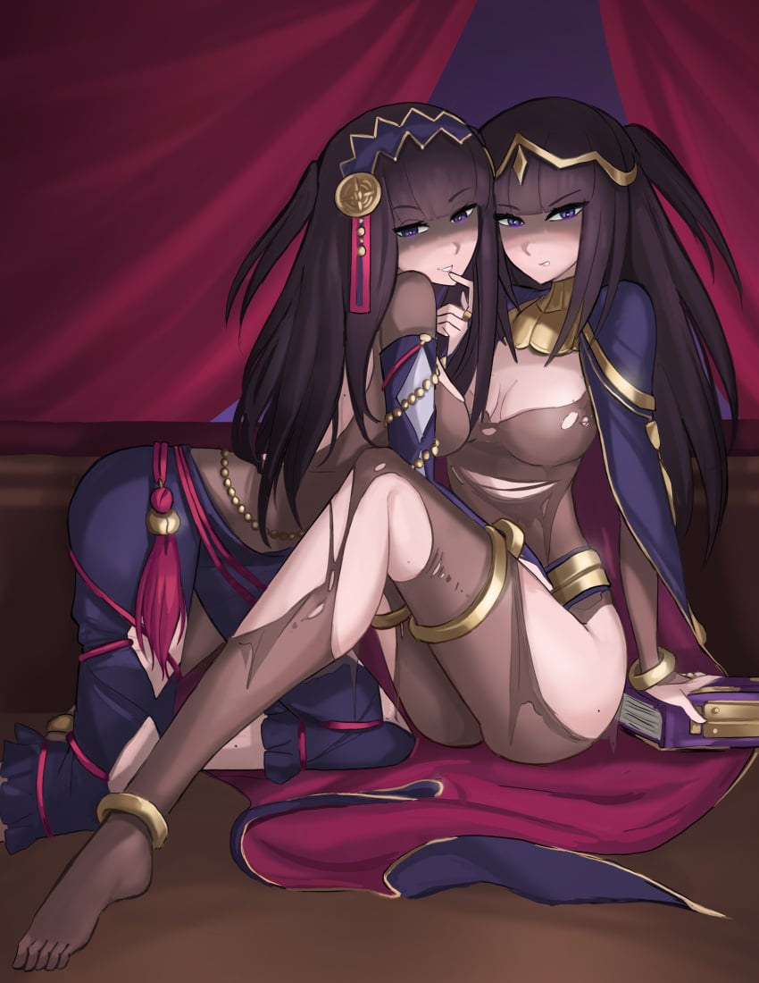 2girls black_hair blunt_bangs bodystocking cleavage feet female female_only fire_emblem fire_emblem_awakening fire_emblem_fates fraudulenttaco looking_at_viewer medium_breasts multiple_girls nintendo purple_eyes rhajat_(fire_emblem) tharja_(fire_emblem) thighs torn_clothes