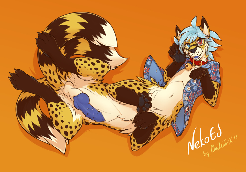 animal_genitalia balls barbed_penis bell bell_collar blue_hair canine chazcatrix cheetah clothed clothing collar eyewear feline fox glasses hair hawaiian_shirt heterochromia hybrid hybrid_penis knot male male_only mammal multi_tail neko_ed open_shirt pawpads penis sheath shirt solo solo_male taur trans_woman transfem