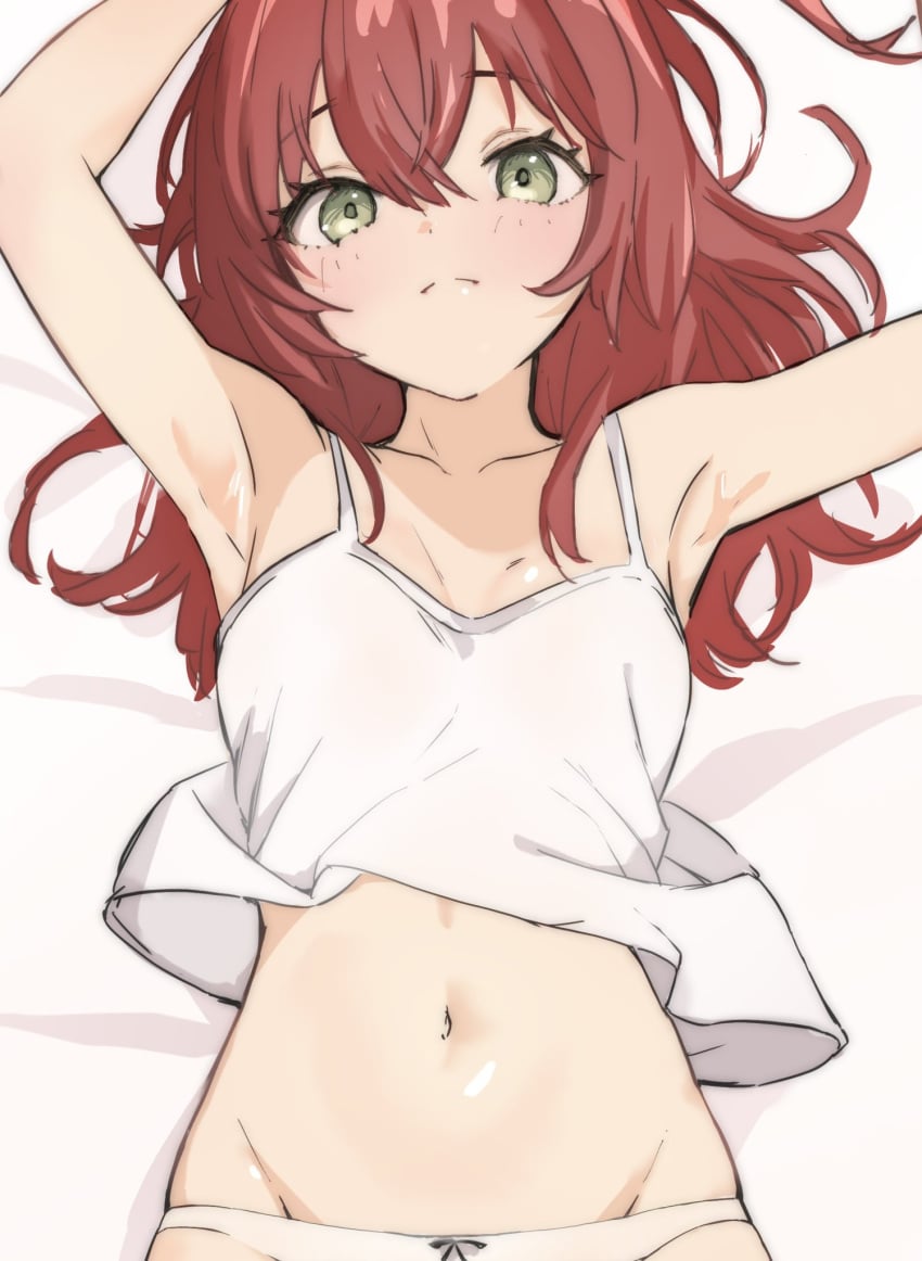 1female 1girls blush bocchi_the_rock! green_eyes kita_ikuyo looking_at_viewer lying_on_back panties red_hair tagme ukitaryu