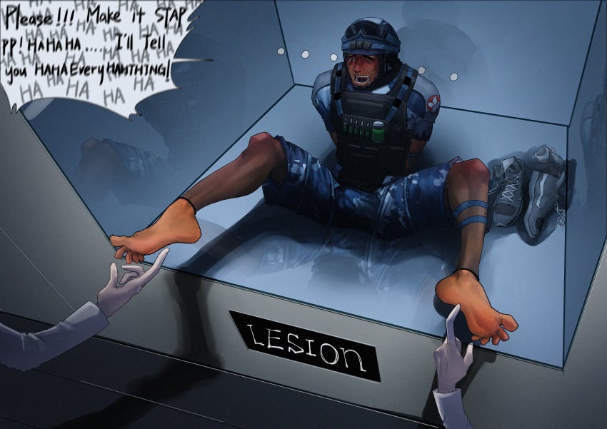 2024 asian asian_male barefoot begging blush ccchhhyyy crying defeated drool feet interrogation interrogation_room lesion_(rainbow_six) male_feet male_only male_tickling name_plate out_of_frame rainbow_six_siege shoes_removed soldier speech_bubble story_in_description tickle_torture tickling tickling_feet