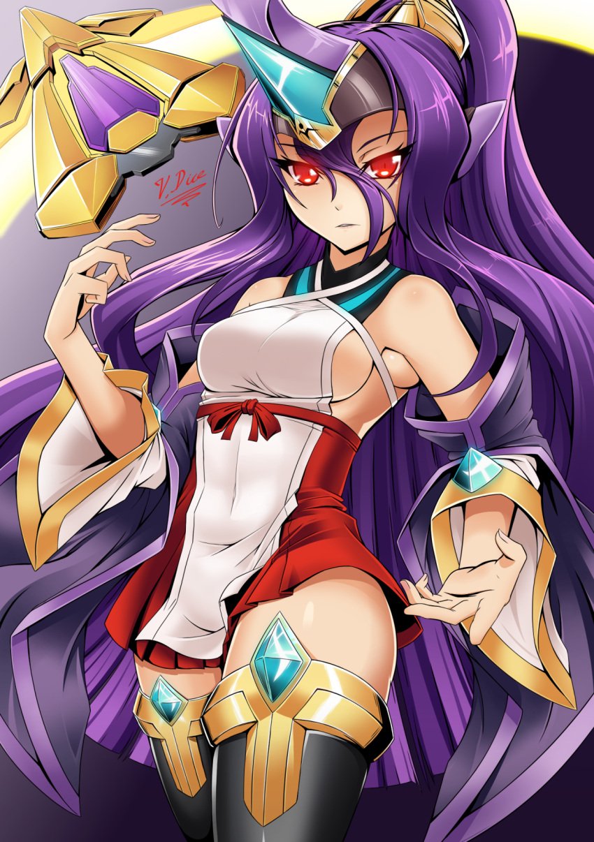 1girls blazblue blazblue:_central_fiction breasts hades_izanami long_hair looking_at_viewer mikado_(blazblue) no_bra purple_hair red_eyes sideboob solo thick_thighs thighhighs thighs vermillion_dice