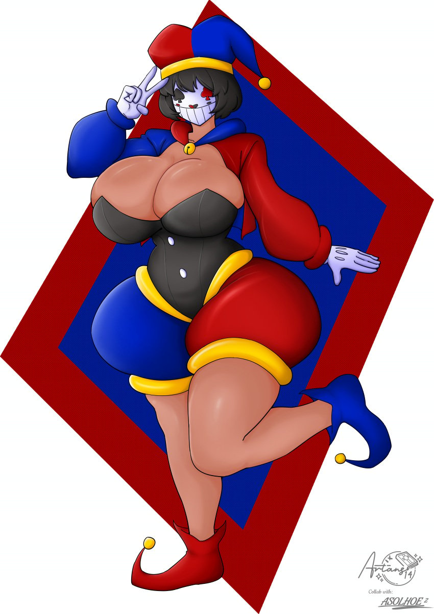 artans14 asolhoe belle_mcjiggle_(artans14) big_breasts dark-skinned_female hourglass_figure jester jester_hat jester_outfit masked_female oc original_character thick_thighs