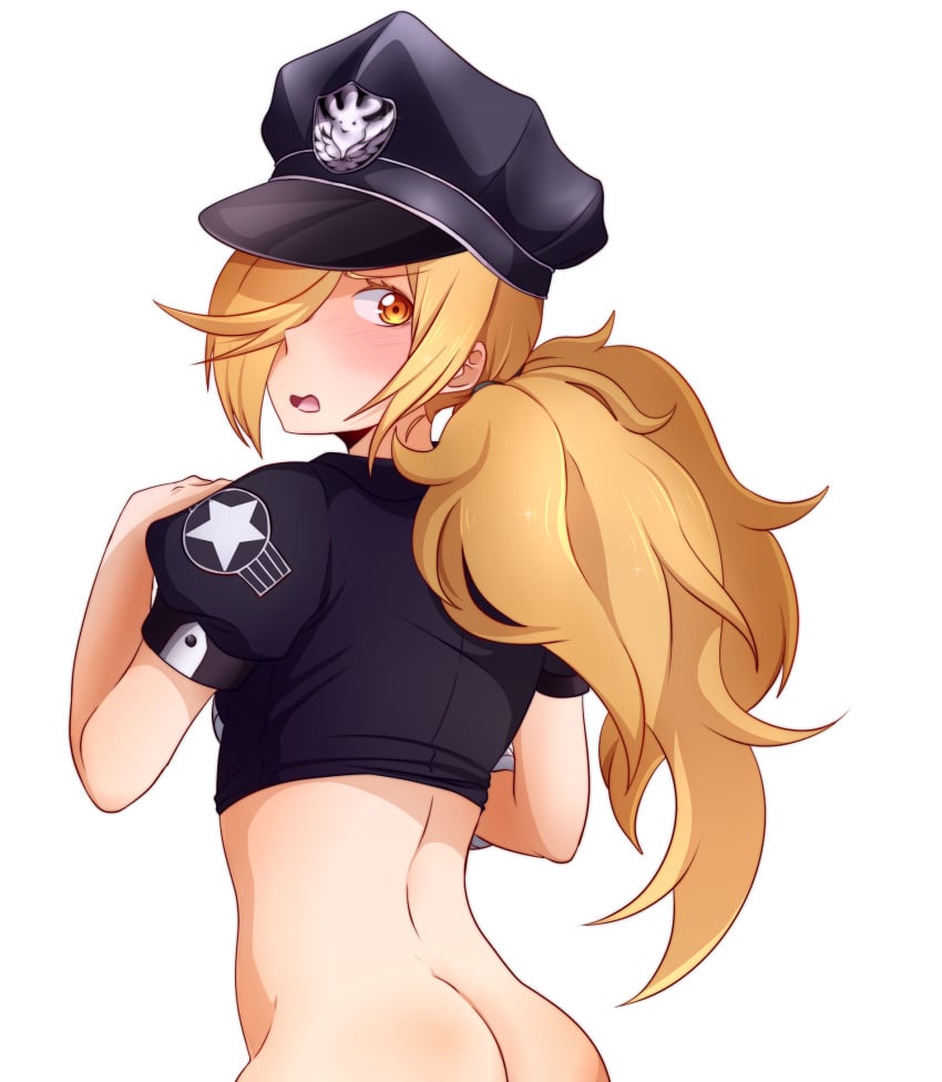 ass binbougami_ga! blush embarrassed enf looking_over_shoulder momiji_(binbougami_ga!) nebu police_hat police_uniform surprised twintails