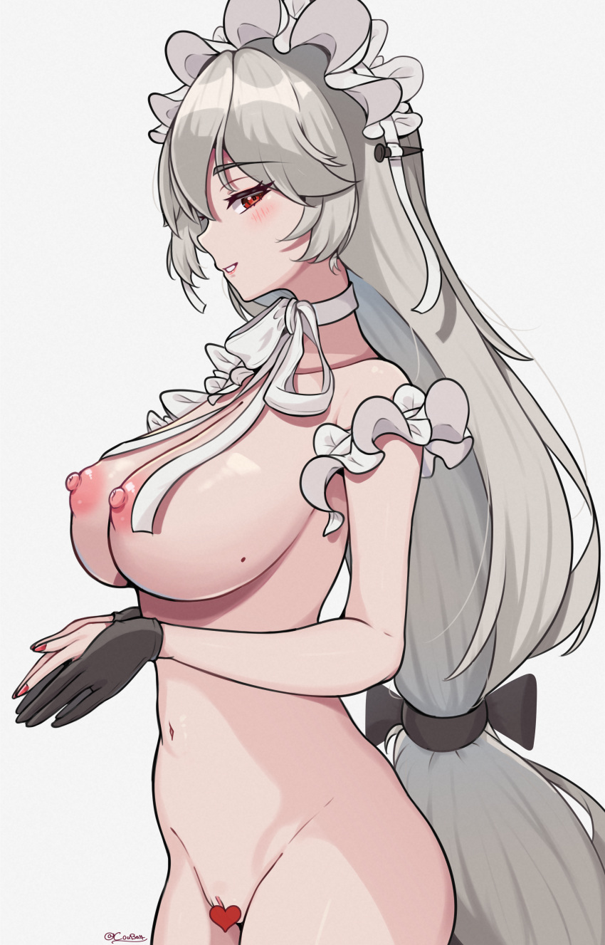 absurdres alexandrina_sebastiane black_gloves breasts censored choker coubalty female gloves grey_background grey_hair heart heart_censor highres large_breasts long_hair looking_at_viewer low-tied_long_hair mole mole_on_breast nipples partially_fingerless_gloves red_eyes ribbon simple_background smile solo very_long_hair victoria_housekeeping white_choker white_ribbon zenless_zone_zero