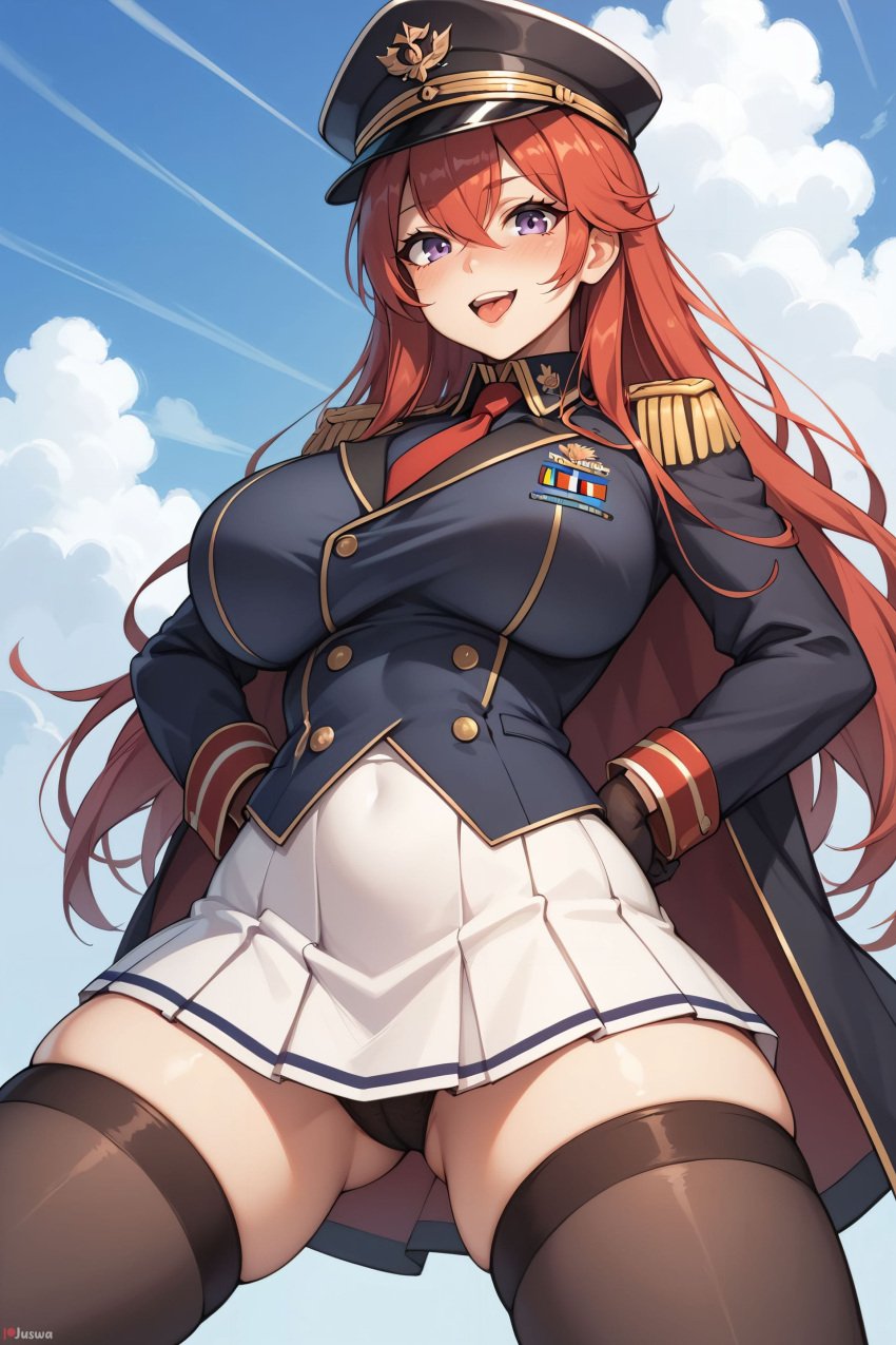 ai_generated at bangs black breasts covered epaulettes eyes female gloves hair hands hat hips juswa large long looking military mouth navel necktie on open panties pleated purple red skindentation skirt sky smile solo thighhighs thighs underwear uniform viewer white
