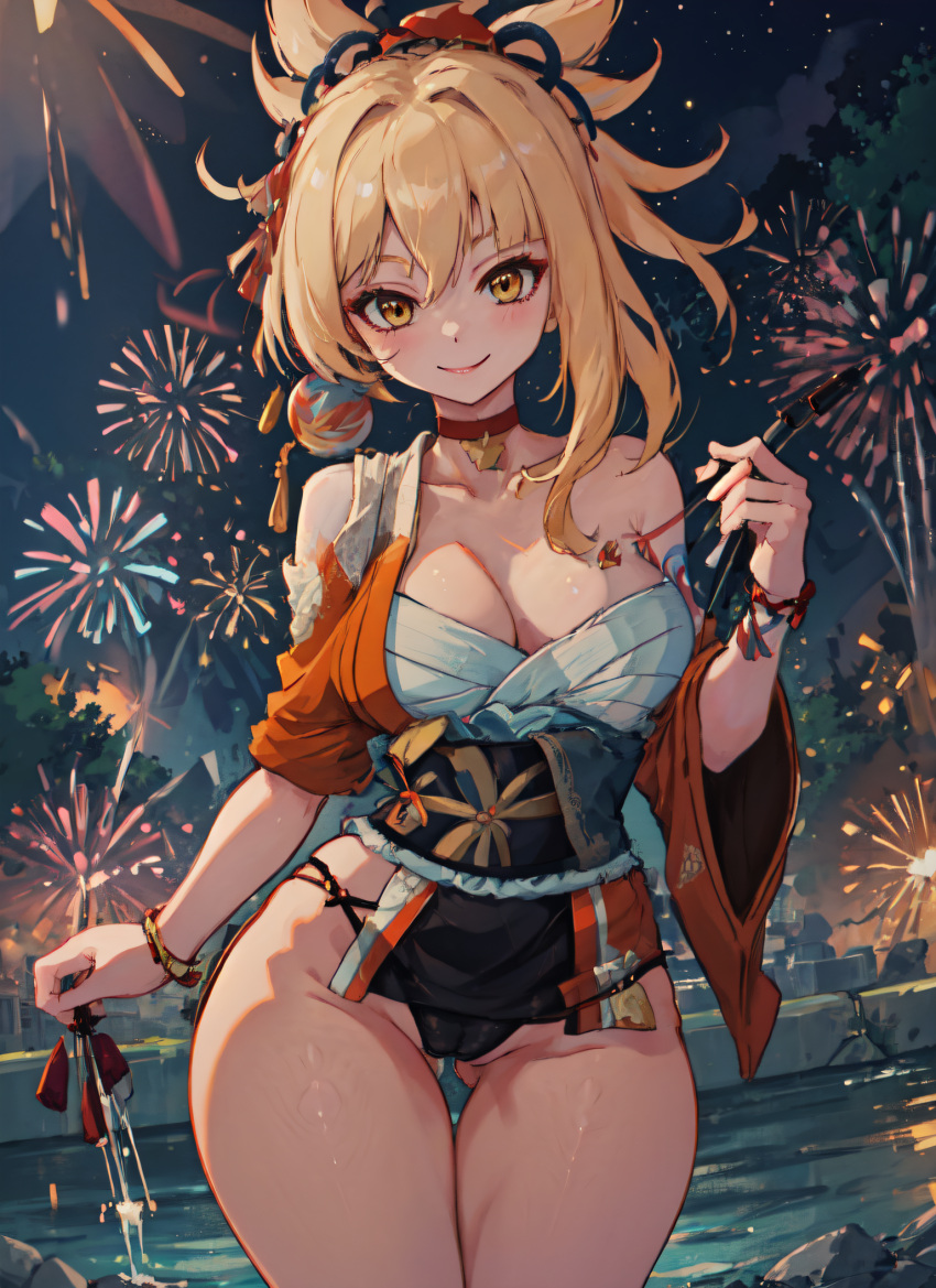 1girls ai_generated bandage bandages bare_shoulders big_breasts blonde_hair choker cleavage collar fireworks genshin_impact hair_ornament haori hi_res kimono large_breasts mabi_ai thick_thighs thigh_gap yellow_eyes yoimiya_(genshin_impact)