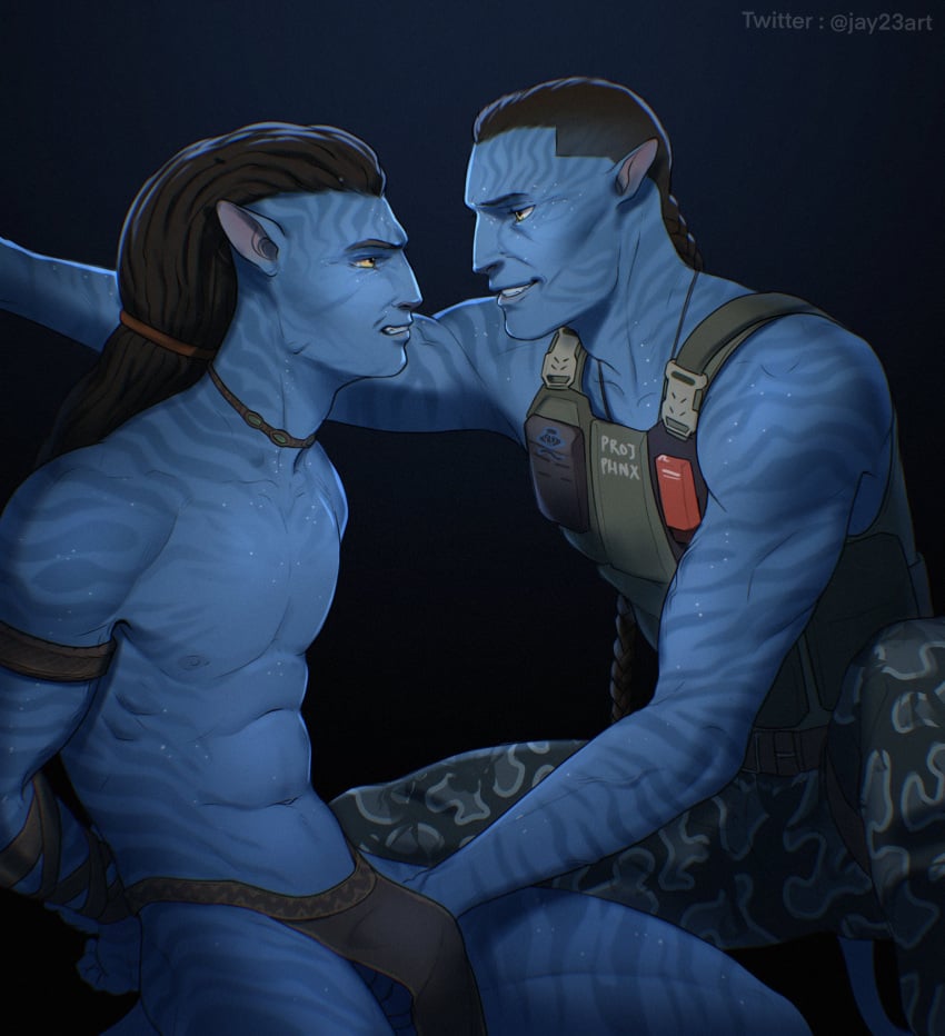 alien alien_only avatar avatar:_the_way_of_water blue_body gay jake_sully jay23art long_hair male male/male male_only miles_quaritch na'vi non-human tied_hands yaoi