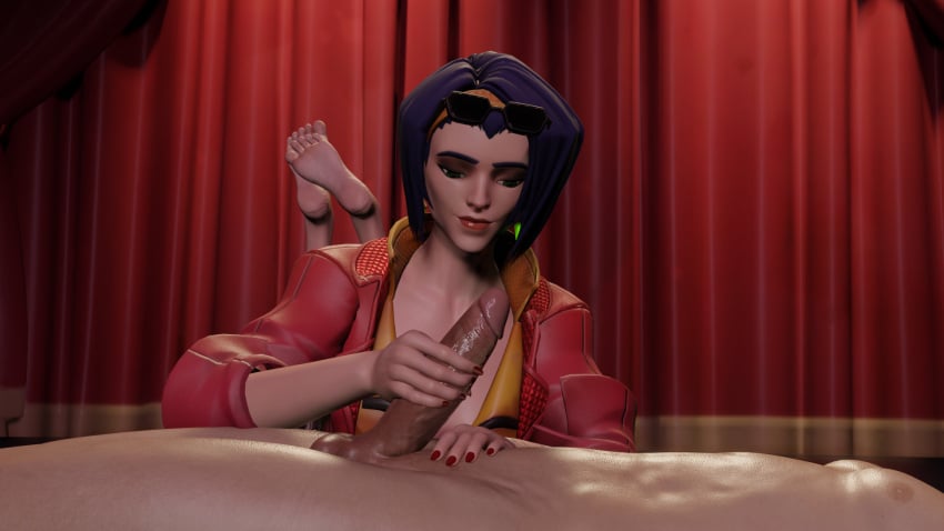 1boy 1girls 27bits 3d ashe_(overwatch) cowboy_bebop faye_valentine_(cosplay) faye_valentine_ashe feet feet_up foot_fetish handjob light-skinned_female light-skinned_male male nail_polish nude nude_male overwatch overwatch_2 penis soles straight toes