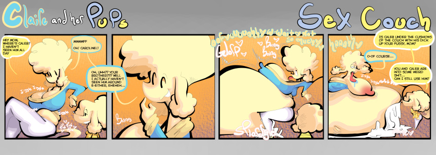 4_panel_comic anthro big_breasts bodily_fluids bootlegjones breasts caleb_(bootlegjones) canid canine canis caroline_(bootlegjones) claire_(bootlegjones) comic cum cum_inside daughter_(lore) dialogue domestic_dog excessive_cum excessive_genital_fluids female furniture genital_fluids group hi_res incest_(lore) inflation inflation male male/female mammal mother_(lore) mother_and_child_(lore) mother_and_daughter_(lore) mother_and_son_(lore) nipples parent_(lore) parent_and_child_(lore) parent_and_daughter_(lore) parent_and_son_(lore) penetration poodle size_difference slightly_chubby sofa son_(lore) trio