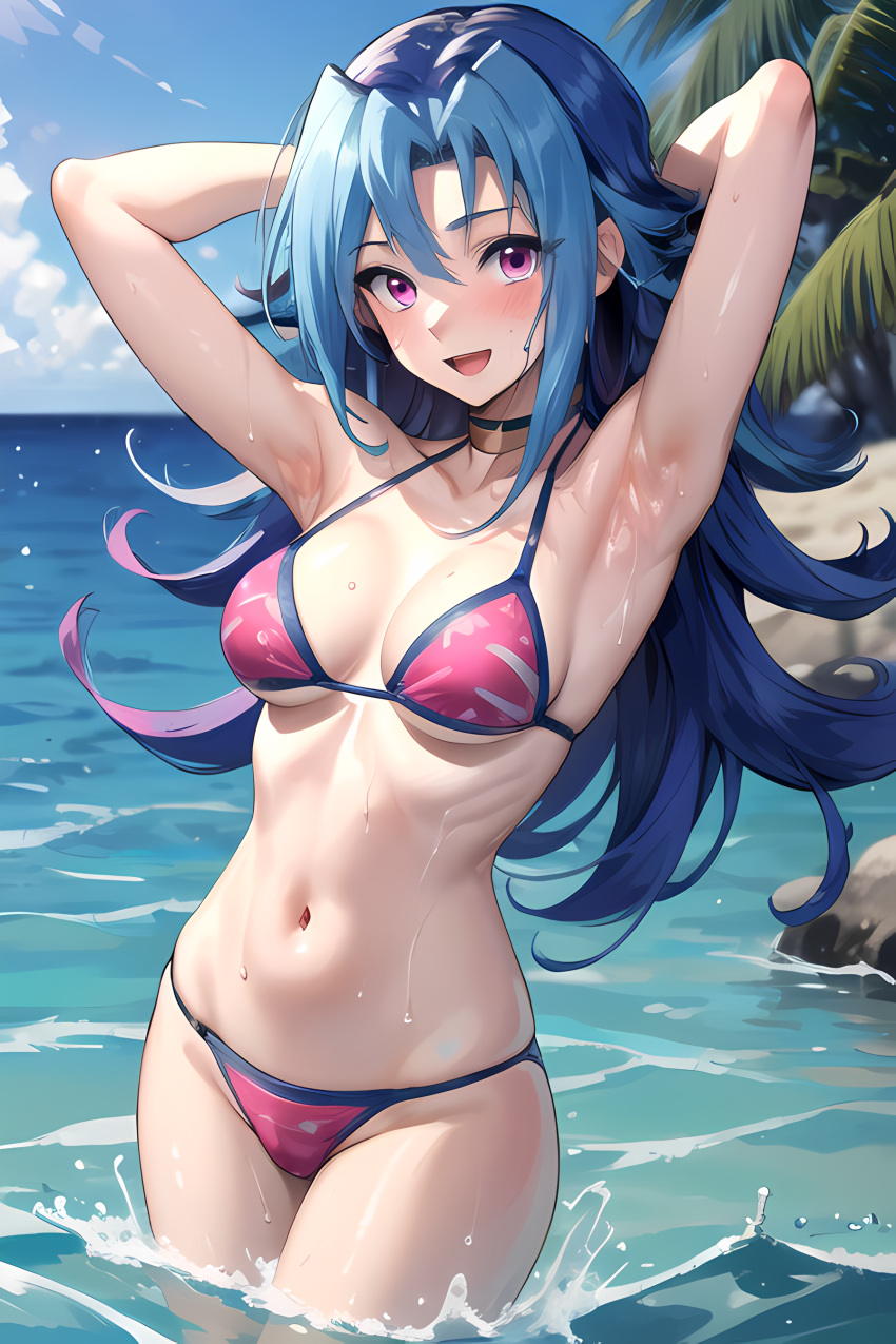 abdomen absurd_res ai_(artist) arms_up beach_background bikini blue_hair blush breasts edit female kamishiro_rio long_hair looking_at_viewer medium_breasts navel open_mouth red_eyes rio_kamishiro solo summer sweat sweatdrop yu-gi-oh! yu-gi-oh!_zexal