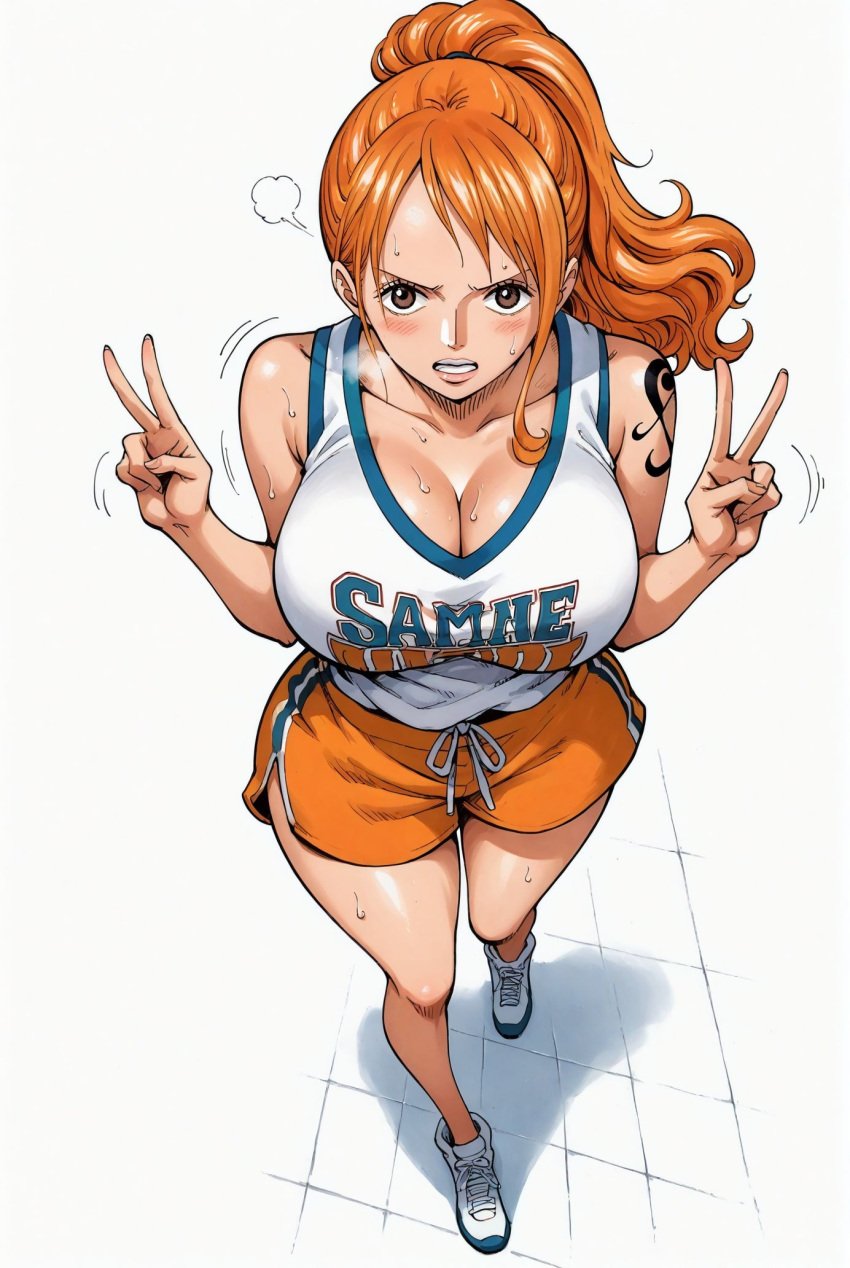 ai_generated alluring almost_naked almost_nude basketball basketball_shorts basketball_uniform big_breasts blush breasts brown_eyes female female_only long_hair looking_at_viewer nami nami_(one_piece) one_piece orange_hair ponytail post-timeskip seducing seduction seductive seductive_body seductive_eyes seductive_gaze seductive_look seductive_mouth seductive_pose shiny_hair shiny_skin sweat sweatdrop sweating sweaty sweaty_body voluptuous voluptuous_female yashin