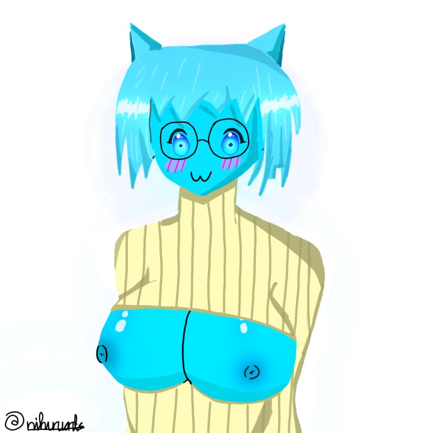 1girls blush breasts_out cat_ears catgirl cryo_(cube_combination) cube_combination cyan_body cyan_hair elemental embarrassed embarrassed_nude_exposure large_breasts lifting_shirt nihuruarts roblox roblox_game robloxian self_upload shirt_lift shirt_up tits_out