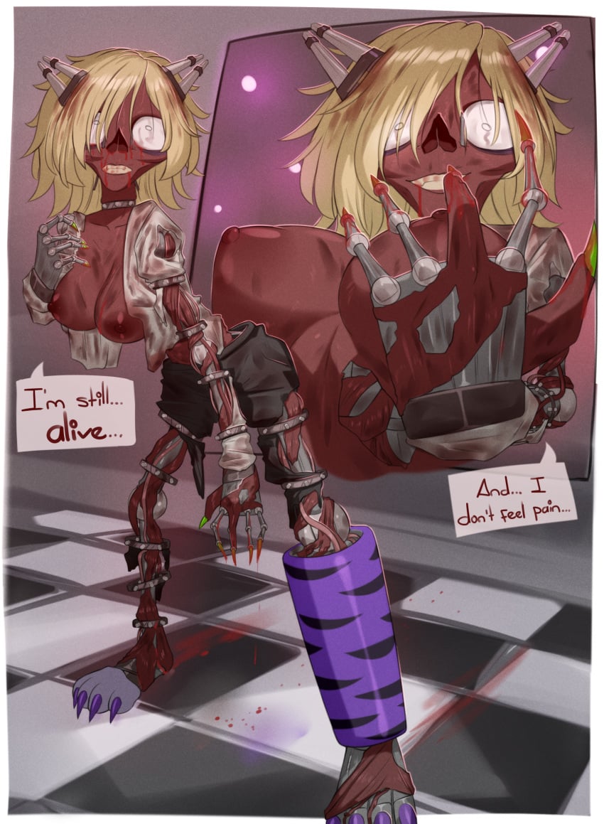 absurd_res animatronic anthro areola blonde_hair blood bodily_fluids breasts clothing colored_nails corpse dark endoskeleton feet female five_nights_at_freddy's five_nights_at_freddy's:_security_breach flesh gore hair hi_res horror_(theme) human humanoid machine mammal nails purple_nails purple_toenails red_body red_skin robot roxanne_wolf_(fnaf) scottgames solo springlock_suit steel_wool_studios teratophilia toenails toes torn_clothing vanessa_(fnaf) white_sclera zexlynk