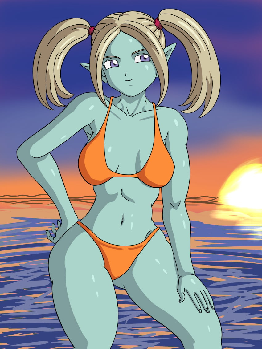 adult_female adult_girl adult_version akira_toriyama_(style) armpits beach bikini blonde_hair blue_skin breasts demon_girl digital_art digital_drawing_(artwork) digital_media digital_media_(artwork) digital_painting_(artwork) dragon_ball dragon_ball_(series) dragon_ball_daima fanart first_porn_of_character hand_on_hip hand_on_leg humanoid legs long_hair naked_female nipples nude_female panji_(dragon_ball_daima) pig pointy_ears purple_eyes pussy smiling sunset swimsuit yamidanight