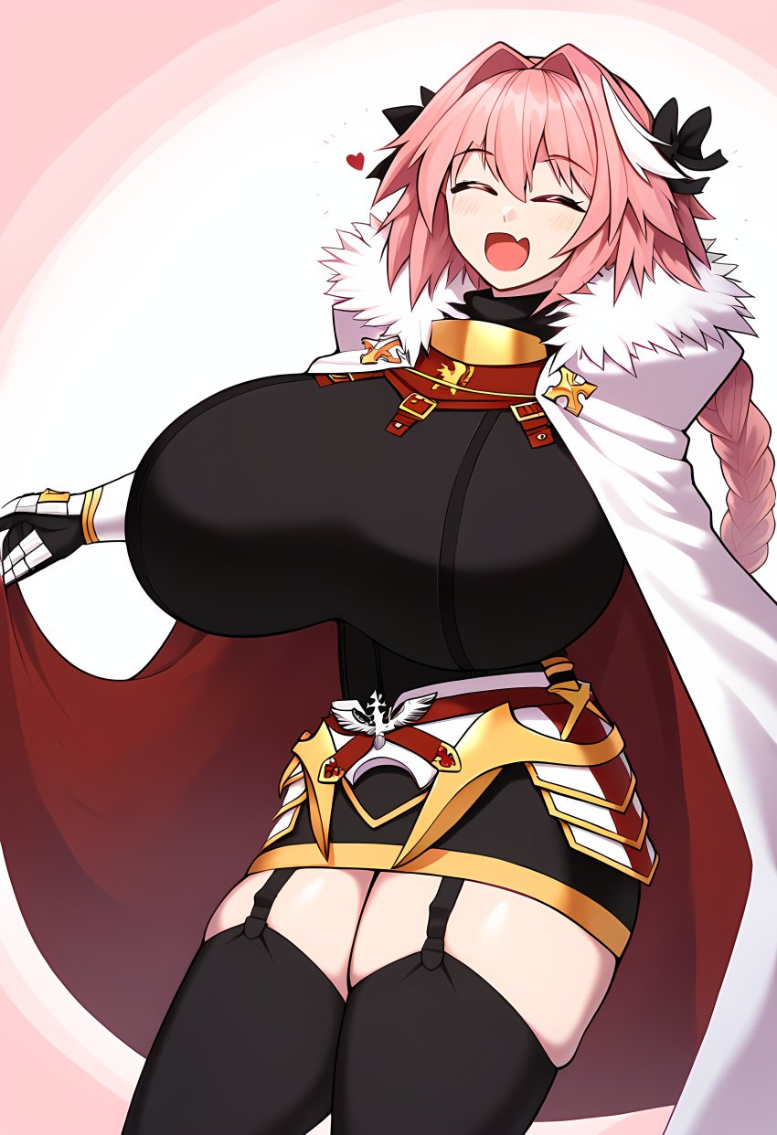 1girls ai_generated astolfo_(fate) breasts_bigger_than_head breasts_squeezed_together closed_eyes fate/grand_order fate_(series) female huge_breasts jonnyjonn massive_breasts oblivious pink_hair rule_63 simple_background smiling thick_thighs thighhighs thighs tight_clothing