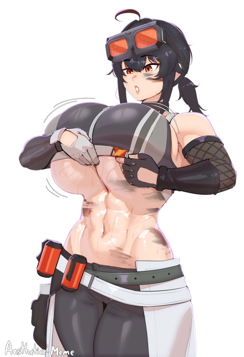 1female 1girls abs aestheticc-meme artist_name big_breasts black_hair breasts clothed clothed_female clothing female fingerless_gloves fit fit_female gloves goggles goggles_on_head grace_howard grease grease_stains light-skinned_female light_skin midriff ponytail shirt shirt_lift solo solo_female sports_bra steam sweat sweaty sweaty_breasts titty_drop underboob zenless_zone_zero