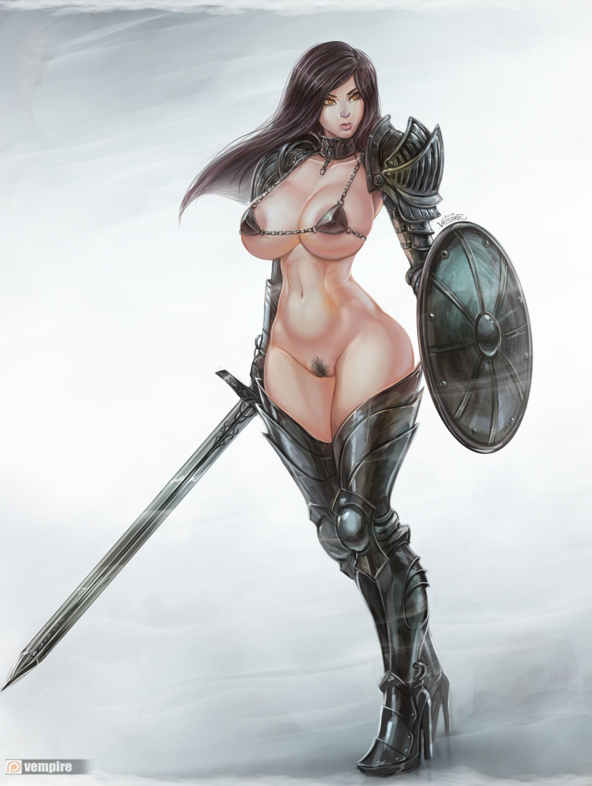 armor black_hair breasts collar edit female freya_(vempire) heels long_hair shield sword tagme vempire