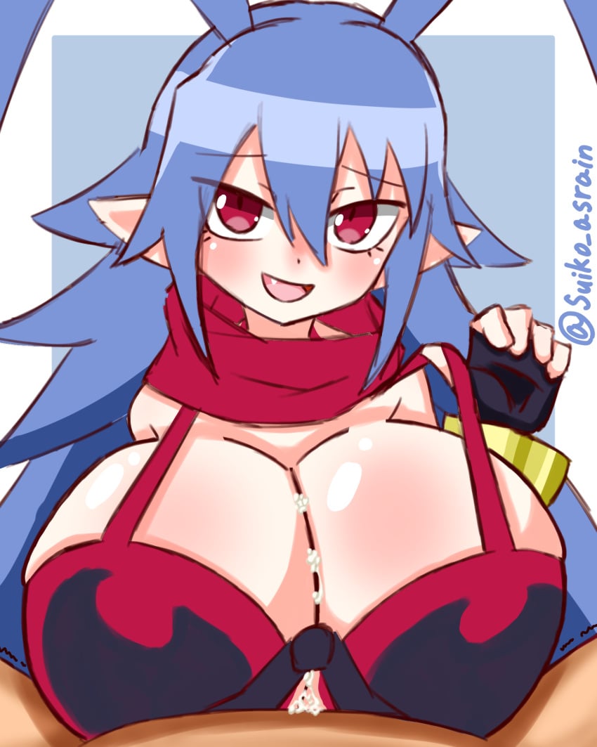 big_breasts bikini bikini_top bimbo breasts clothed_paizuri completely_nude completely_nude_male cum disgaea disgaea_d2 gigantic_breasts huge_breasts laharl laharl-chan large_breasts nippon_ichi_software paizuri paizuri_under_clothes suiko_asrain