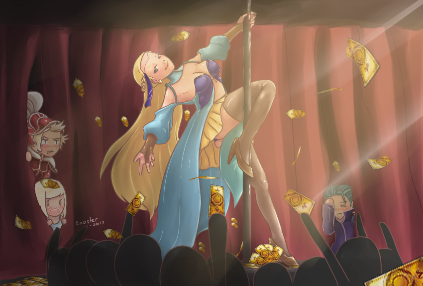 blonde_hair blush breasts final_fantasy final_fantasy_brave_exvius final_fantasy_iii high_heels panties pole_dancing sara_altney smile stockings