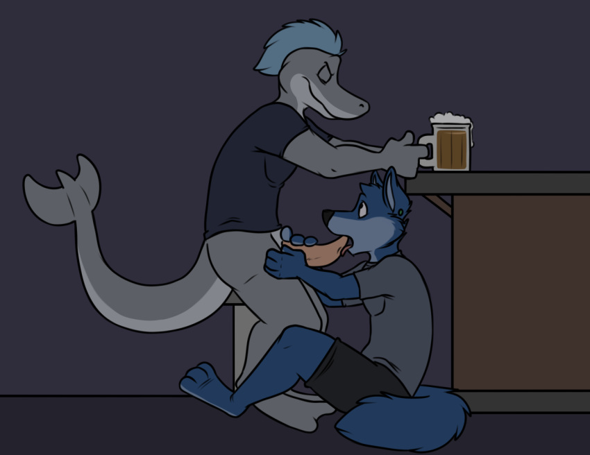 3_toes 4_fingers alcohol ambiguous_gender anthro anthro_on_anthro bar bar_stool beer beer_mug beverage black_bottomwear black_clothing black_nose black_topwear blue_countershading blue_fur blue_hair blue_tail bottomless canine cetacean cheek_tuft closed_eyes clothed clothing countershade_face countershade_tail countershade_torso countershading dolphin duo ear_piercing erection eyebrows full-length_portrait fully_clothed fur grey_background grey_countershading grey_skin grey_tail grey_topwear hair hand_on_leg head_tuft holding_object holding_penis inside interspecies licking looking_at_partner looking_up male male/ambiguous male_only mammal marine multicolored_fur on_ground oral penis penis_lick piercing pink_penis portrait robbie robbie_(rotten_robbie) rotten_robbie sex shirt short_hair shorts side_view simple_background sitting t-shirt tapering_penis toes tongue tongue_out tuft two_tone_fur two_tone_tail wolf