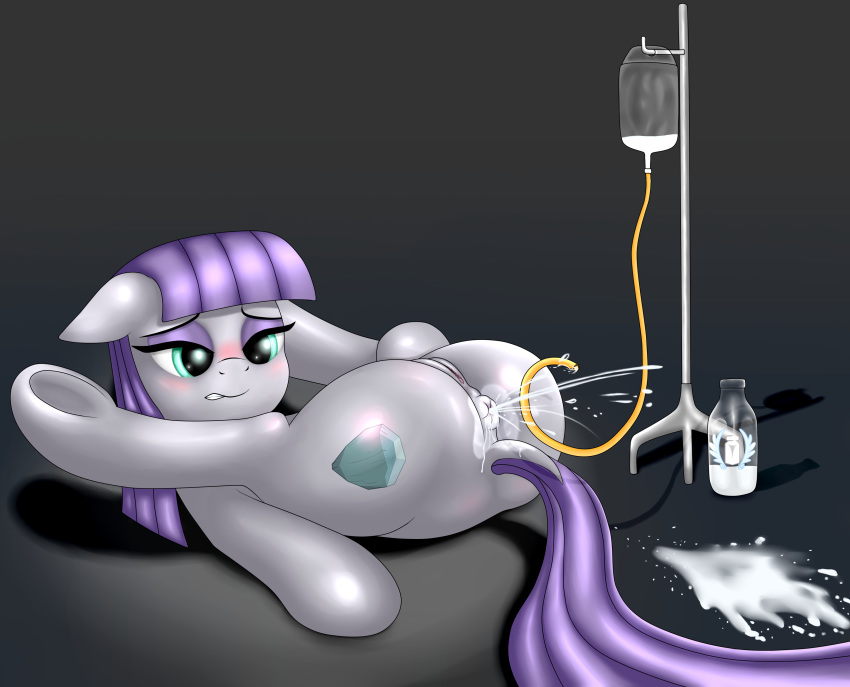 2015 anal_expulsion anus ass blush bottle cutie_mark digital_media_(artwork) dock earth_pony enema enema_expulsion equine female feral friendship_is_magic glass hair hooves horse long_hair lying mammal maud_pie_(mlp) milk my_little_pony on_back pony purple_hair pussy rainingskys semi-anthro solo underhoof