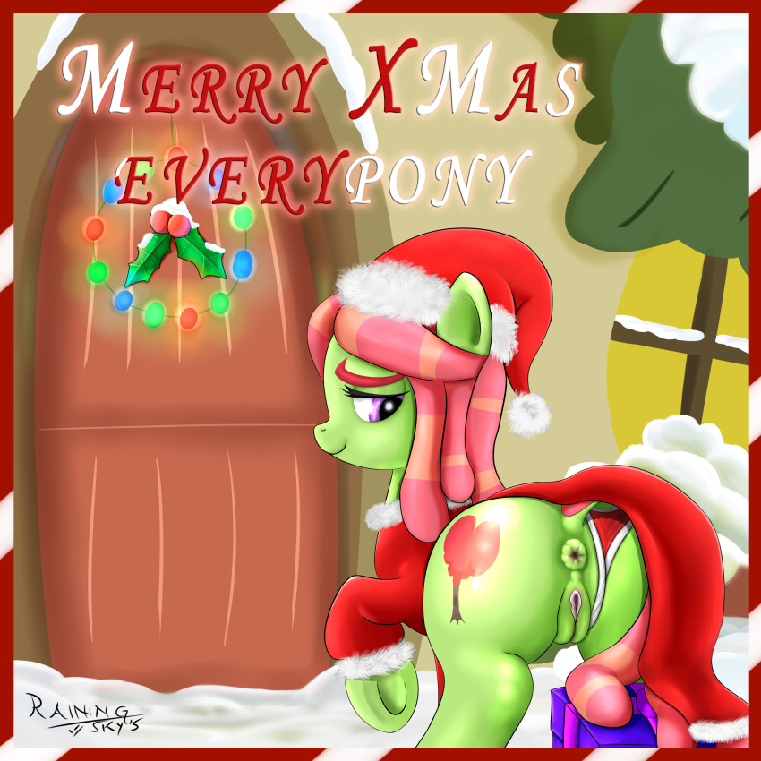 2015 anus ass christmas clothed clothing cutie_mark digital_media_(artwork) dock door earth_pony english_text equine female feral friendship_is_magic gift hair hat hi_res holidays hooves horse long_hair mammal multicolored_hair my_little_pony panties pony pussy rainingskys santa_hat smile snow solo text tree_hugger_(mlp) two_tone_hair underhoof underwear