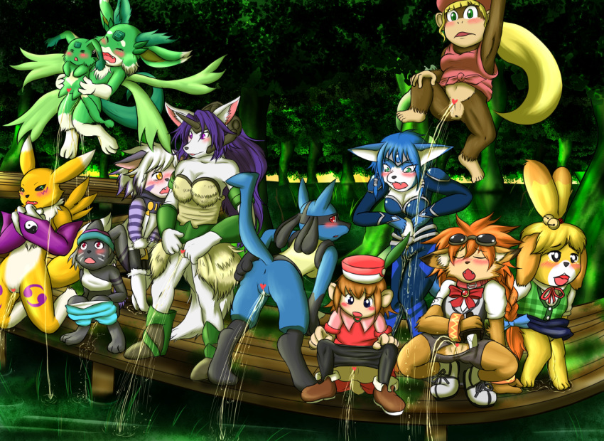 <3_censor animal_crossing anthro anus armwear ass bandai_namco bent_over blue_fur blush breasts bridal_gauntlets canine carbuncle censored class_of_heroes cleavage closed_eyes clothed clothing crossover crouching detailed_background digimon digimon_(species) dixie_kong donkey_kong_(series) dwarf_(class_of_heroes) earth_light_carbuncle elh_melizee feline felineko female female_focus female_only fid fox fur green_eyes group hair isabelle_(animal_crossing) klonoa_(series) kneeling krystal lagomorph looking_at_viewer looking_back lucario mammal mana_(series) monkey multiple_girls nintendo nude open_mouth peeing pokemon pokemon_(species) primate purple_hair pussy puzzle_&_dragons rabbit raised_leg renamon sierra_(mana) solatorobo standing star_fox teeth tongue tuft urine video_games watersports wetting white_fur yellow_fur