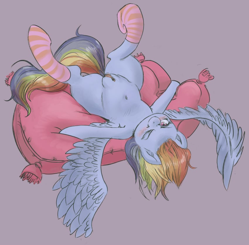 2015 blue_feathers blue_fur blush clothing cushion edit equine feathered_wings feathers female feral friendship_is_magic fur hair hi_res legwear looking_at_viewer lying mammal multicolored_hair multicolored_tail my_little_pony navel on_back one_eye_closed pegasus poneebutz pussy rainbow_dash_(mlp) rainbow_hair rainbow_tail simple_background socks solo striped_legwear striped_socks stripes wings wink