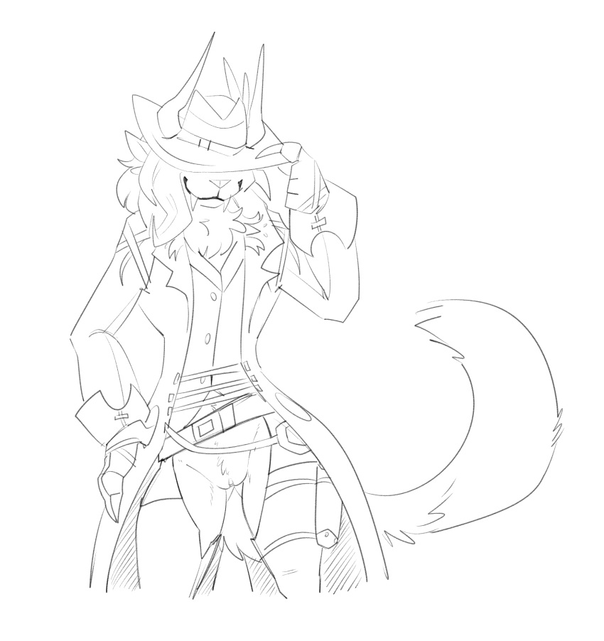 4_ears bottomless chaps charr clothed clothing feline female guild_wars halbean hat_over_eyes hi_res hidden_eyes mammal monochrome multi_ear partially_clothed purna_whitewillow pussy simple_background smile solo standing trenchcoat video_games